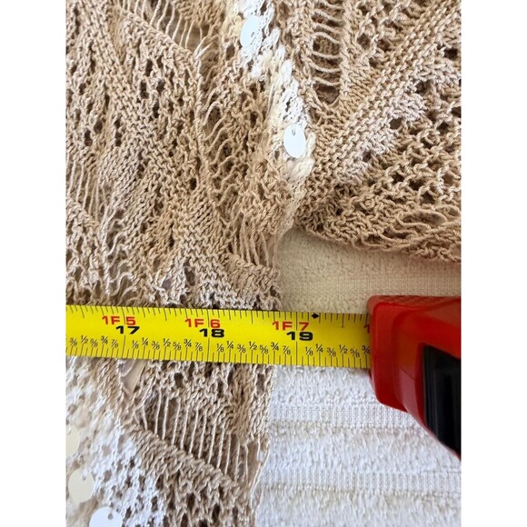 Chicos Open Knit Cardigan Size 1 M Beige White Striped Sequin Boho Coastal - Picture 8 of 12